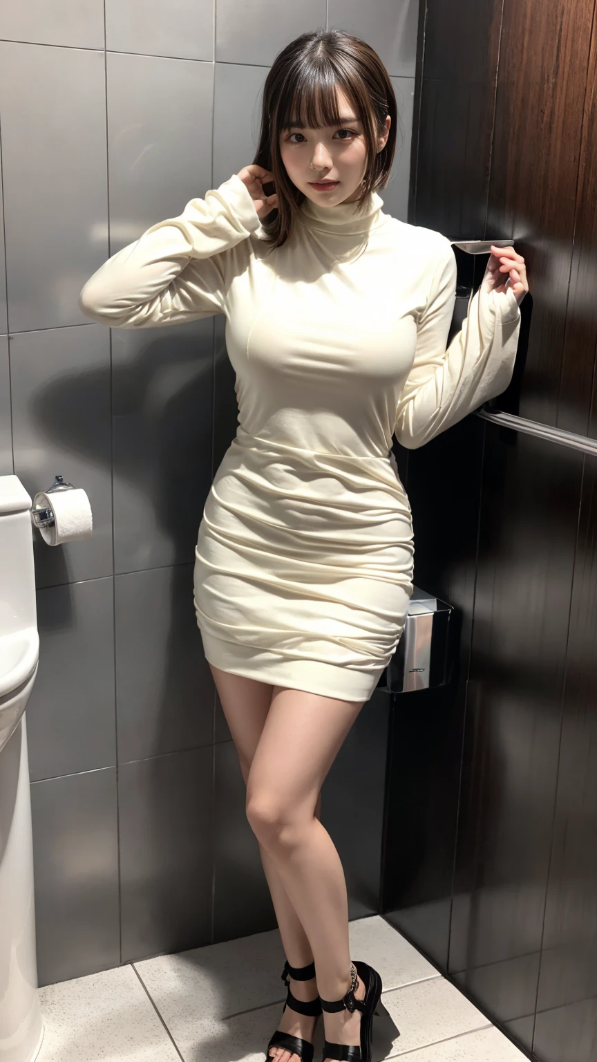 (8K, RAW Photos, Highest quality, masterpiece:1.2), (professional photography, full colors, studio-caliber color grading), (Gravure quality for high-end fashion magazines), BREAK,18 year old girl, short bob hair, crying a little, Harajuku style, Big Natural Color Lip, (Plumpy body:1.2 (smooth skin:1.1 huge breasts, BREAK white long sleeve dress, BREAK (Toilet cubicles:1.2 (urinal)