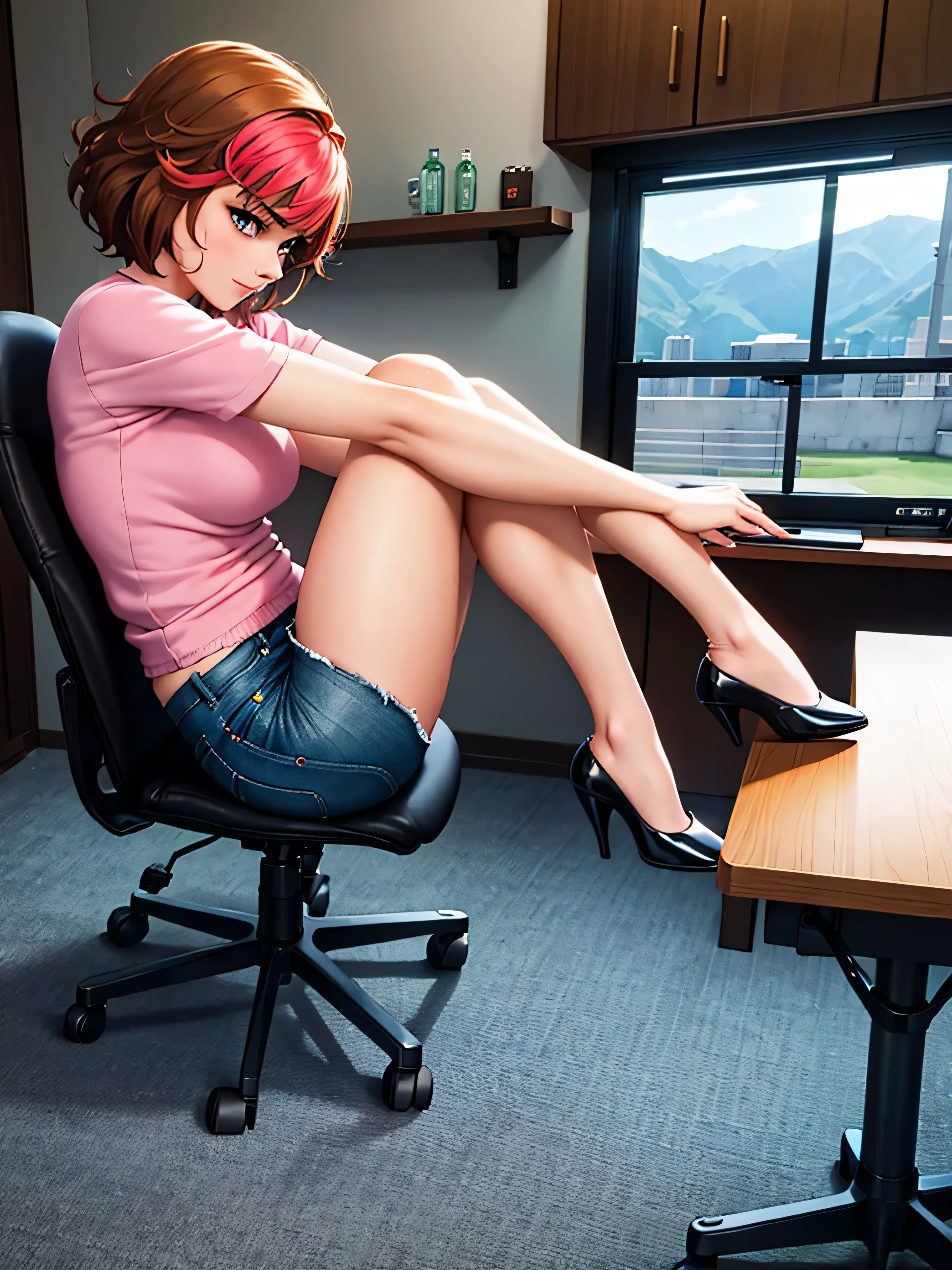 merula, sitting on a chair with her legs up, gaming chair, sexy pose, sitting pose, blue jeans, pink high heels , legs up, side view