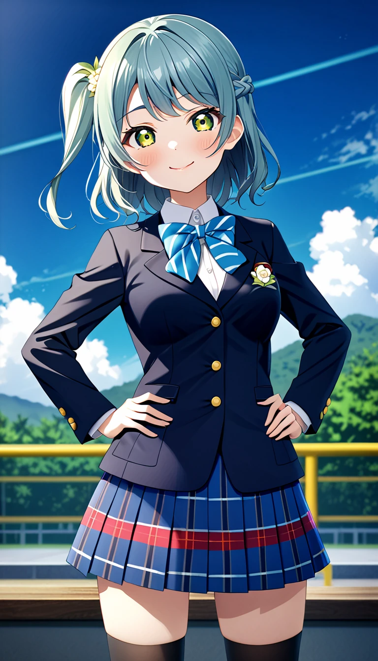 1girl, solo, otomune kozue, love live! hasunosora, one side up, otonokizaka winter uniform, navy blue jacket,blue bow tie, closed mouth, looking at viewer, pleated skirt, smile, striped bow, blue striped skirt, blush, plaid skirt, blue striped bowtie, standing,put hands on hip,cowboy shot,in school :d, knee high socks, BREAK score_9, score_8_up, score_7_up, score_6_up, source_anime 