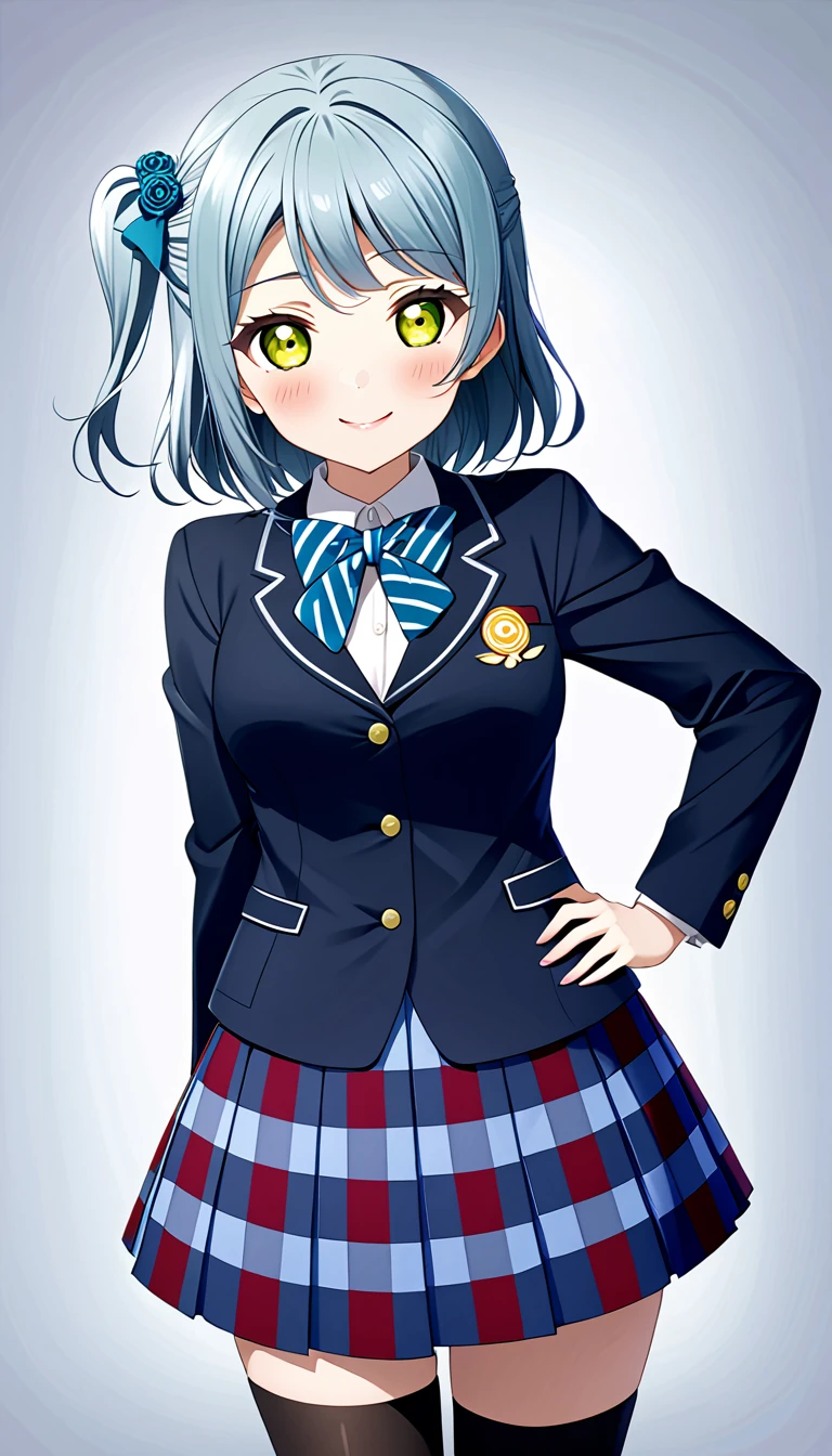 1girl, solo, otomune kozue, love live! hasunosora, one side up, otonokizaka winter uniform, navy blue jacket,blue bow tie, closed mouth, looking at viewer, pleated skirt, smile, striped bow, blue striped skirt, blush, plaid skirt, blue striped bowtie, standing,put hands on hip,cowboy shot,in school :d, knee high socks, BREAK score_9, score_8_up, score_7_up, score_6_up, source_anime 