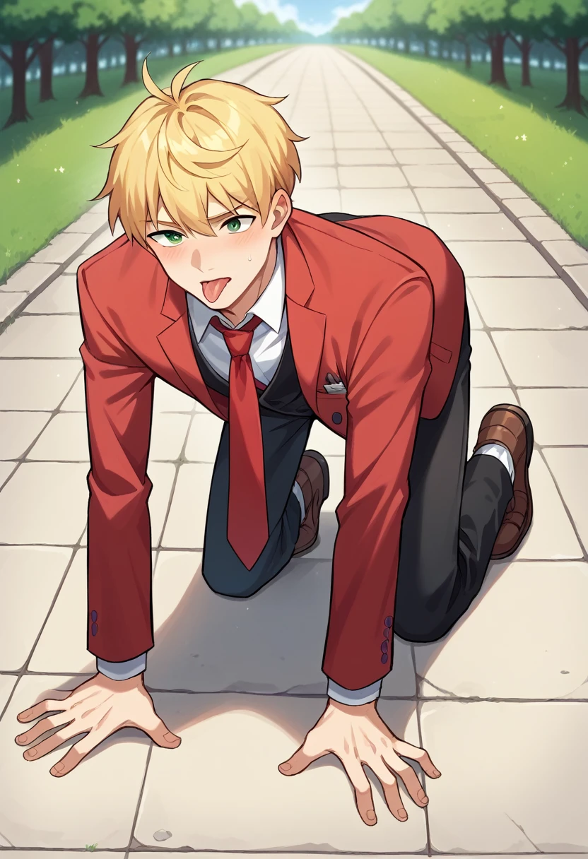 score_9, score_8_wonderful, score_7_wonderful, sauce_Anime BREAK 1 Boy, Two men, Male Focus, Part 1: Leanne, blonde, , Red Blazer, Black trousers, Outdoor,Red tie，Get on all fours and place your hands on the floor,Wear a lead collar,Licking the penis,Gay