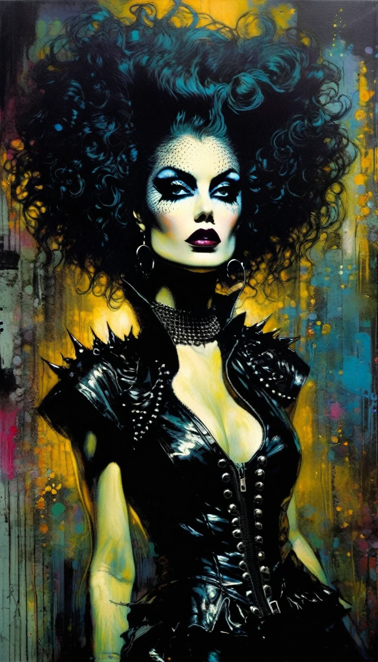 (1 lady, solo, curvy upper body, large ) The clothes are golden.:close-up,close-up,Experiment with the appearance: curls,dramatic makeup,Unconventional fashion choice behavior:rebellion、nonconformist、Provocation location:demon eyes,urban art district、Underground music venues Hobbies:Participating in punk shows、creating mixed media art、Try different subcultural values:individuality、truth、Creative expression of inspiration.:punk rock music、counterculture icons,Character traits of avant-garde art movement:audacity、boldness、acting outside the box。dark gothic atmosphere (art inspired by Bill Sienkiewicz, intricate details, oil painting)