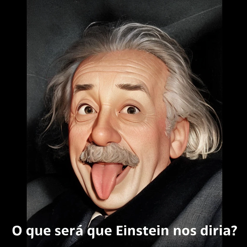 close-up, cinematic, ultra-realistic, full HD, 4K image of scientist Albert Einstein smiling, with his tongue hanging out of his mouth, looking at the camera to take a photo