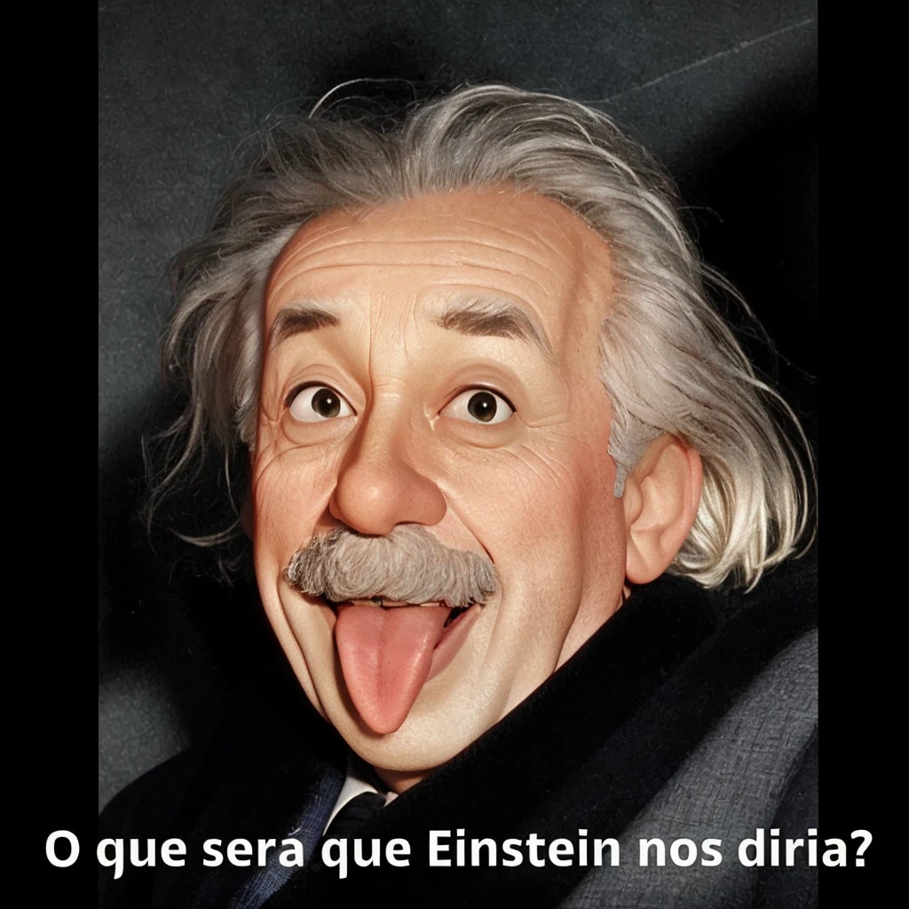 close-up, cinematic, ultra-realistic, full HD, 4K image of scientist Albert Einstein smiling, with his tongue hanging out of his mouth, looking at the camera to take a photo