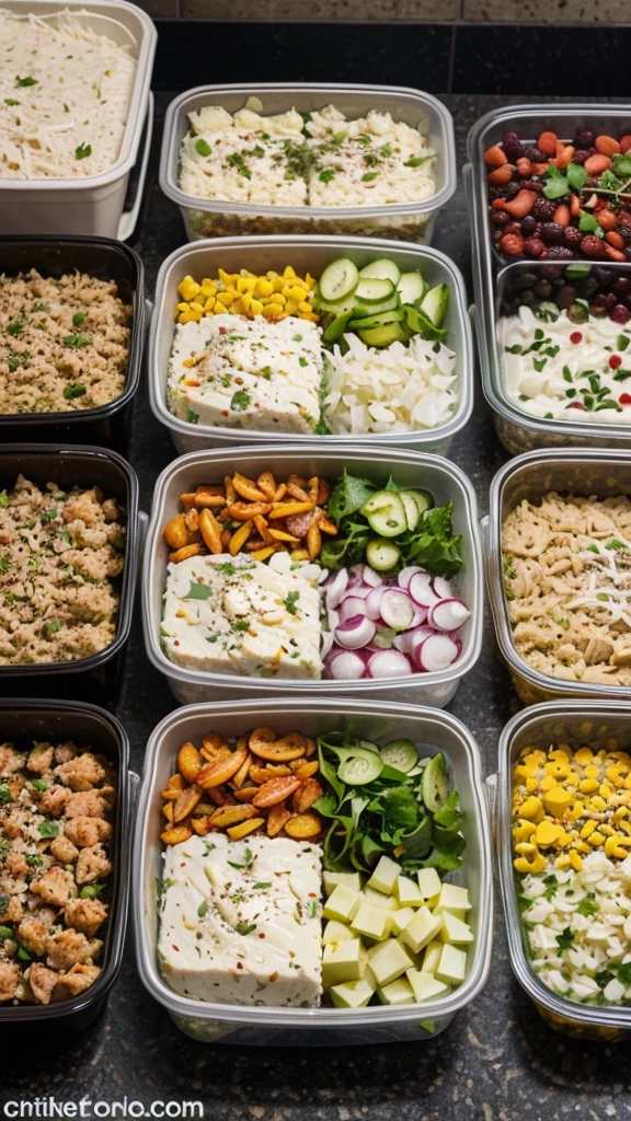 prepped keto lunches in meal prep containers, showcasing portion sizes and variety.