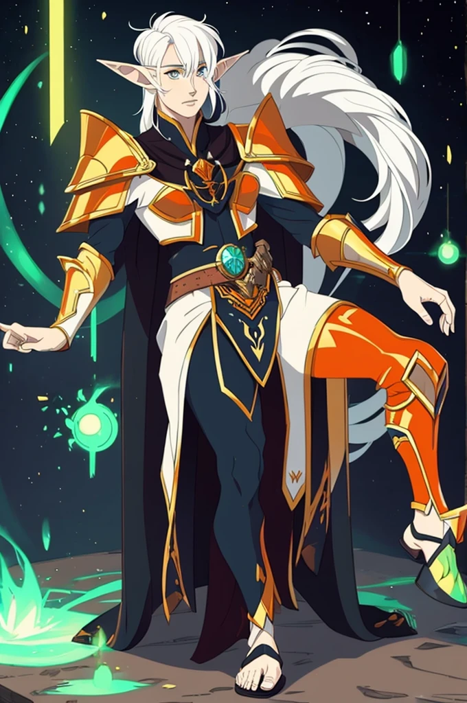 holy Bitchmade male elf with white hair and orange eyes and armor wearing sandals, full body.
