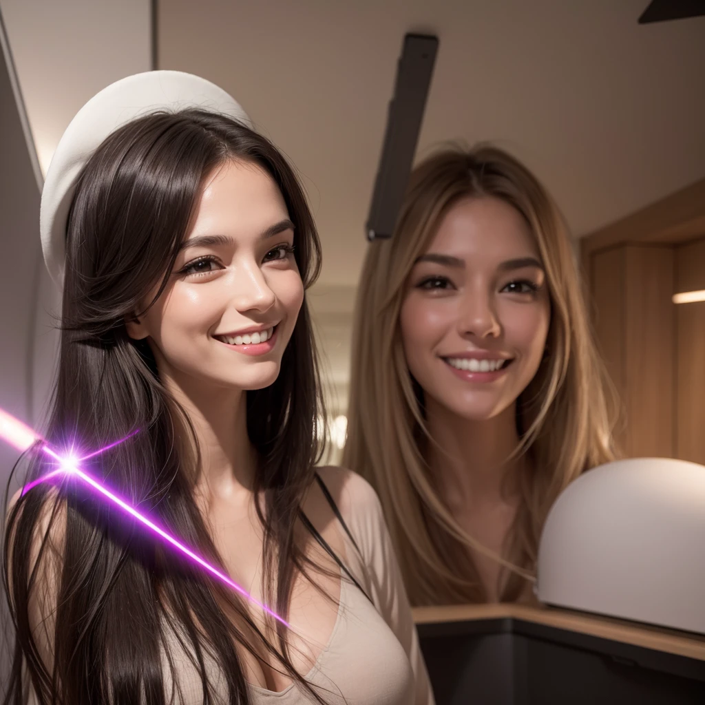A beautiful girl uses a laser and then turns into a very giant and tall woman in a room while smiling