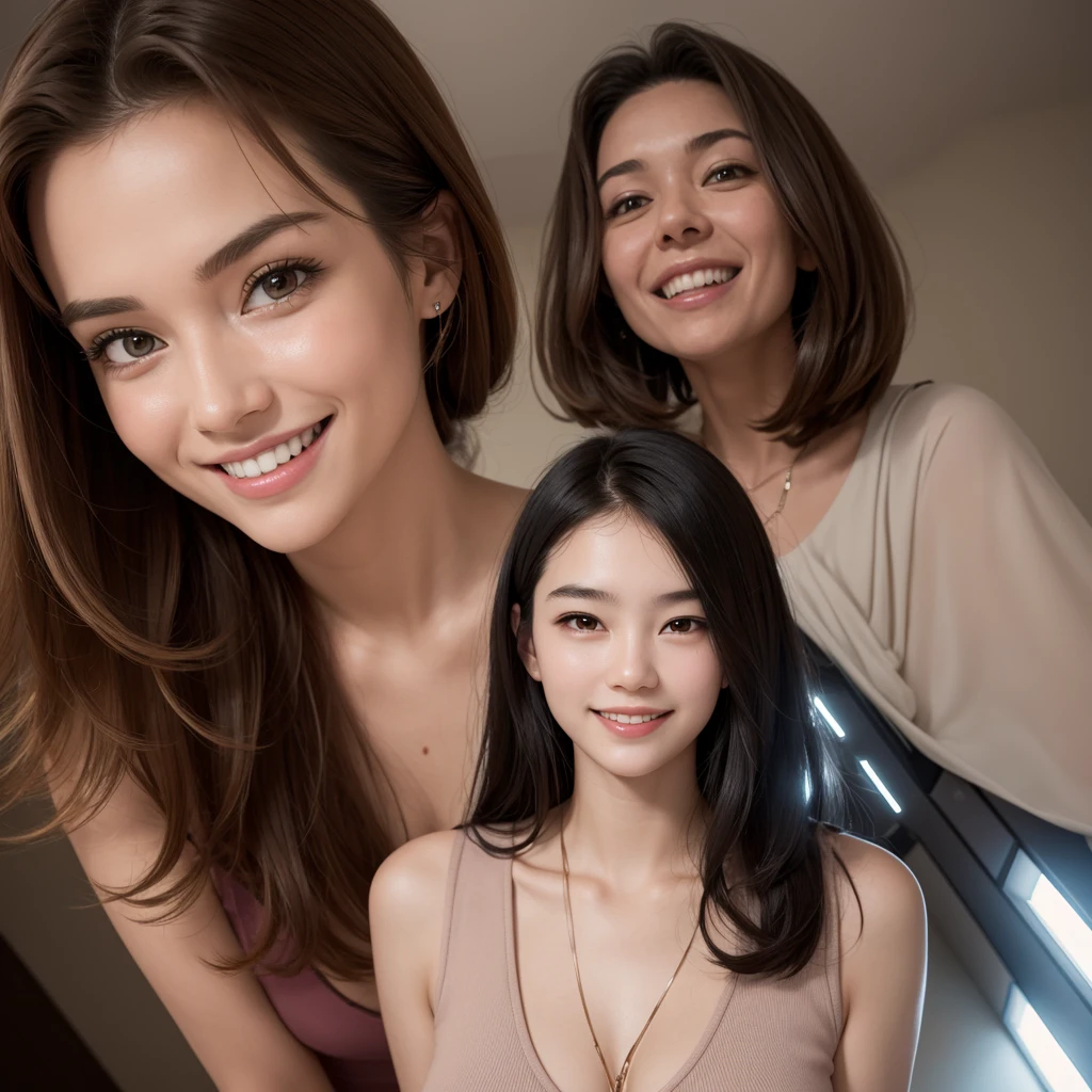 A beautiful girl uses a laser and then turns into a very giant and tall woman in a room while smiling