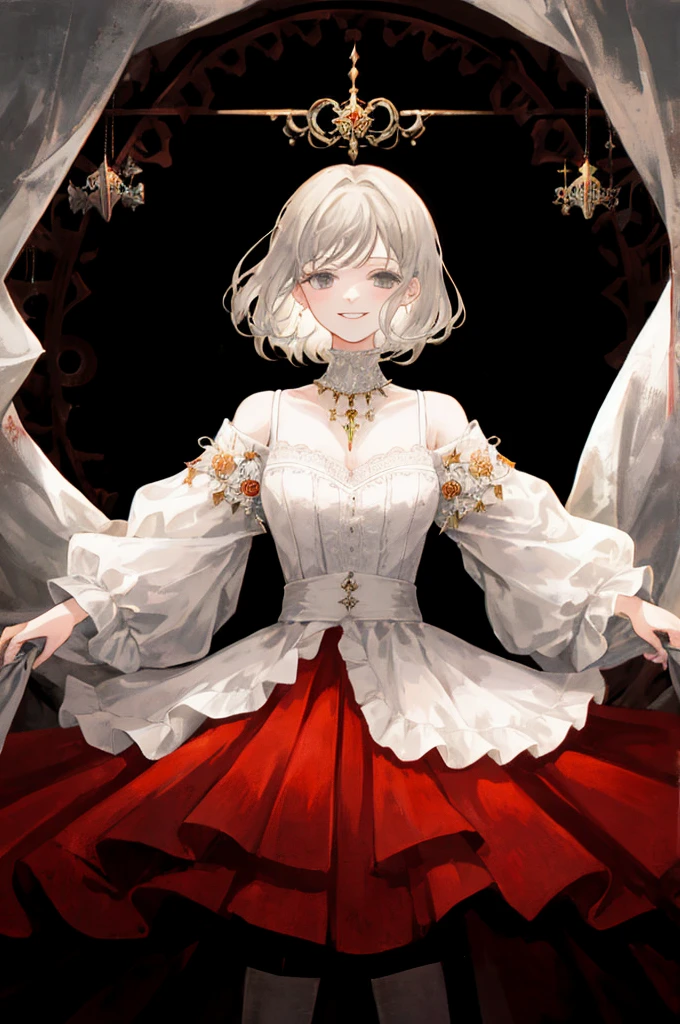 ((best quality)), ((masterpiece)), (detailed), 1girl, Character design, female, dynamic poses, long white grey hair, grey white eyes, very skinny, detailed, best quality, no accesoires around the neck, prominent collarbones, skinny arms, upper body, blank white background, plain background, white background, ((red and white clothing)), Bloodborne inspired, occult aesthetic, occult, detailed and intricate steampunk and detailed gothic, Very dramatic and cinematic lighting, cosmic horror, grim-dark, side-lighting, perfect face, Fluttering lace flared long knee length dress with frilly petticoats, knee length dress, pleated petticoats, petticoats gothic, complex lace boots, side-lighting, gothic aesthetic, wielding a mighty sword with mechanical components, mandalas, small breasts, a fairy, various different types of insect wings,upper body, upper body, white holy clothes,white holy clothes,((evil smile)),((upper body)),