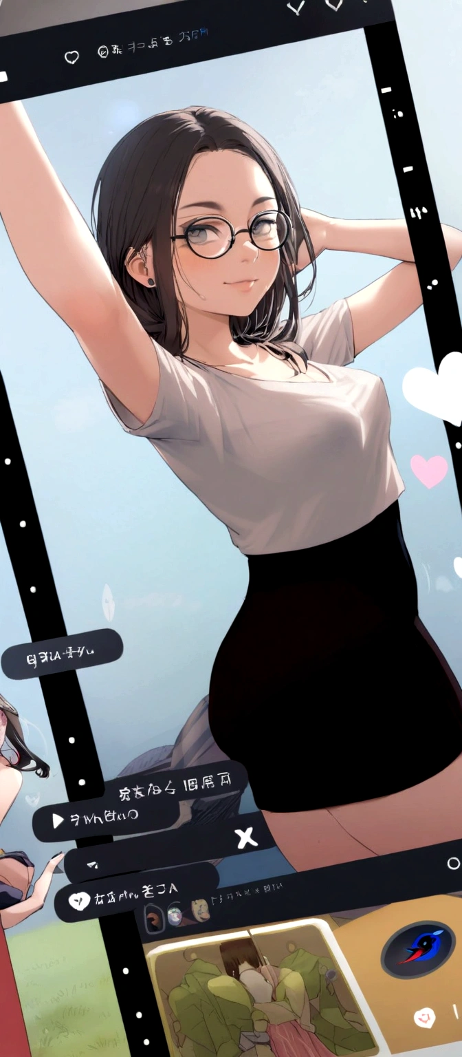 1girl,solo,,large breasts, black hair,nipples,blurry background, ,looking_up,shirt lift, clothes lift, selfie, <lora:ClothesLiftSelfieV1:1>,blush,