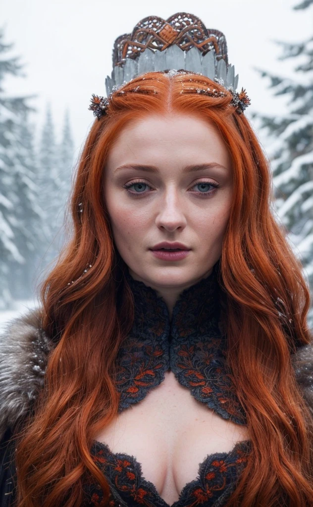 Face of Sophie Turner, Sansa Stark played by Sophie Turner, the de facto Lady of the Eyrie, is a 40-year-old mature queen with a stunning, alluring appearance. Full Face, pierced eyes, reddish lips, upper body shot, erotic Mediaeval costumes, game of thrones costumes, She wears a Game of Thrones-inspired costume and has a deep cleavage, a perfect thick body, and a perfect thick figure. The photograph captures her in a close-up, with her skin texture and facial features being ultra-realistic and realistic. Juicy thick figure, high quality skin, Skin pores, amazing details, snow, snow flakes, semi realistic, extremely detailed eyes, dark moody orange and black settings, cool environment, artificial intelligence, winter, winter scene,