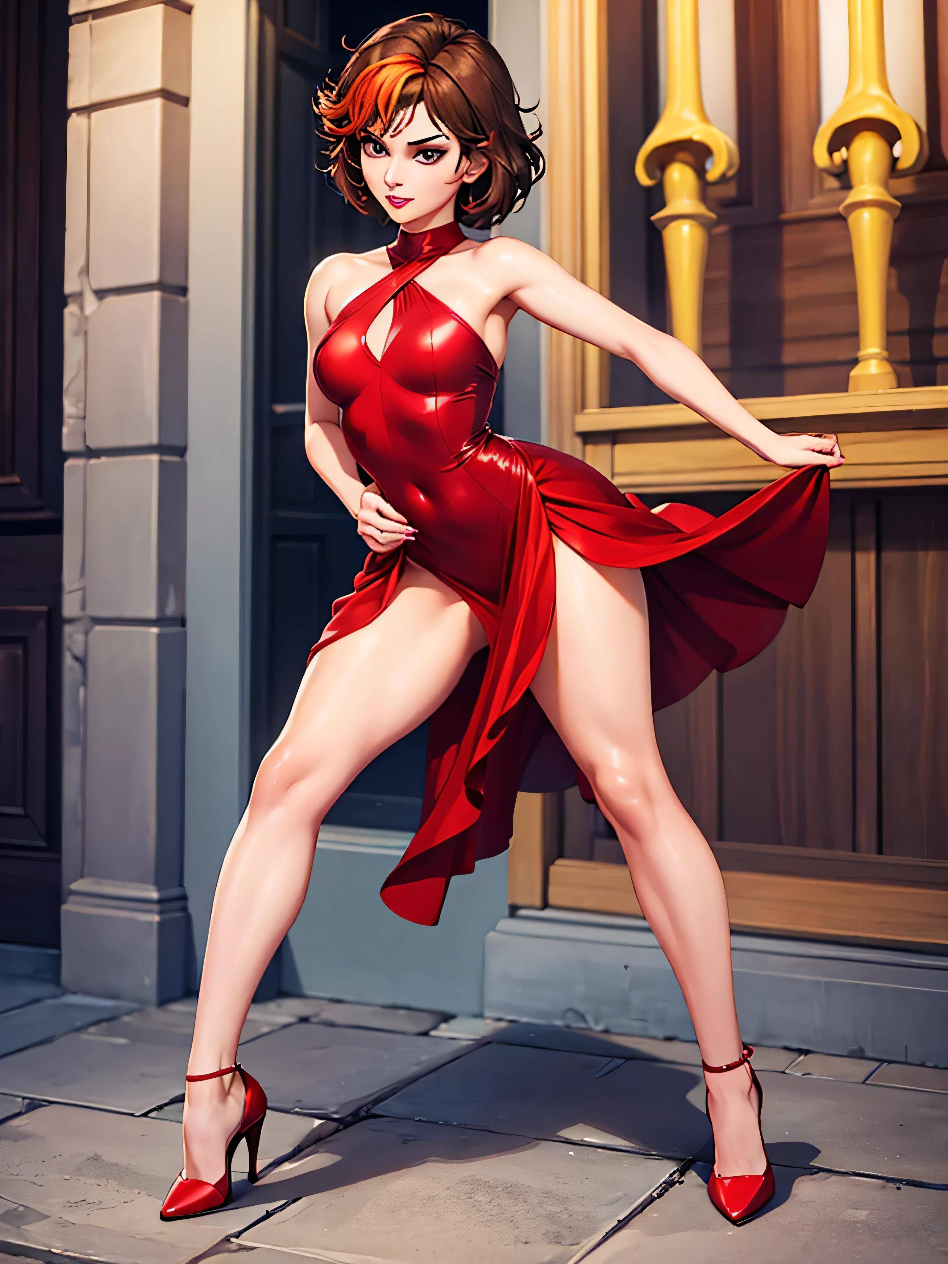 merula, yellow high heels, sexy red labial, tonified legs, red sequin dress, brunette hair, full body, thighs