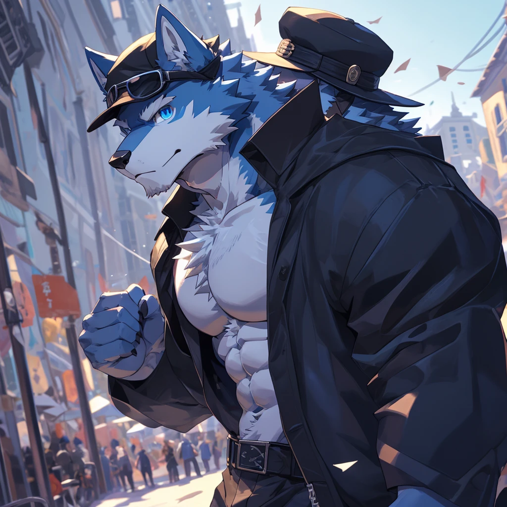 bynamic angle,depth of field, motion blur, absurdres,looking at viewer, (best quality), (masterpiece), (ultra detailed),(detailed eyes),sharp focus,manga,anthro male Blue Wolf,(muscular),Huge body chest , Naked , Wearing black cap , wearing Sunglasses , own pet kitty ,sky blue eyes,handsome