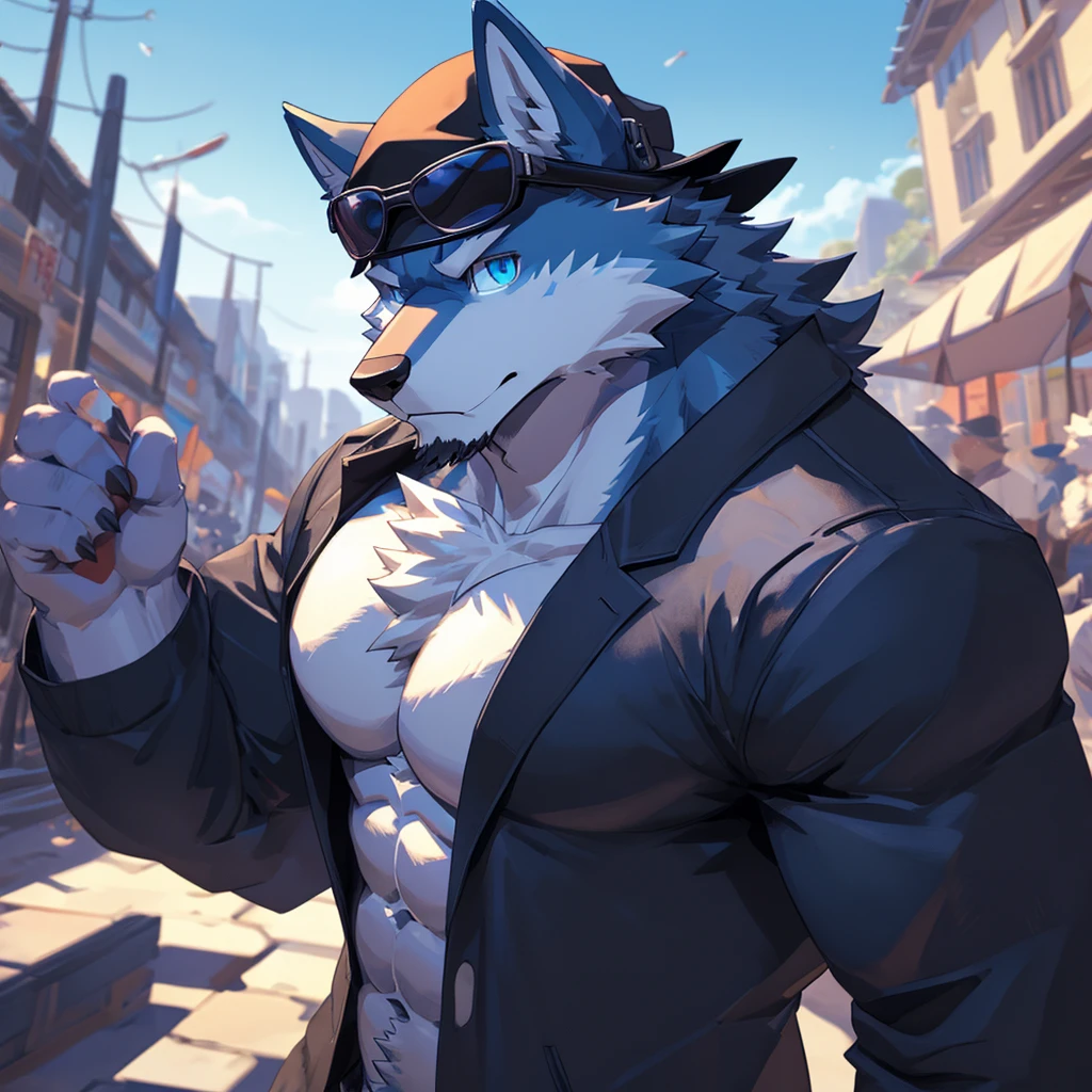 bynamic angle,depth of field, motion blur, absurdres,looking at viewer, (best quality), (masterpiece), (ultra detailed),(detailed eyes),sharp focus,manga,anthro male Blue Wolf,(muscular),Huge body chest , Naked , Wearing black cap , wearing Sunglasses , own pet kitty ,sky blue eyes,handsome
