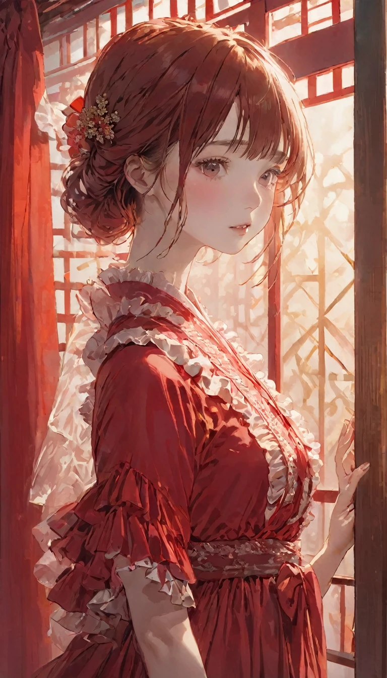 (Highest quality, masterpiece), One Japanese woman, Intricate details, Frills, See through, Show Viewer, Sunlight from the window, blush, bangs, Are standing, Upper Body,Red dress、The background is also red