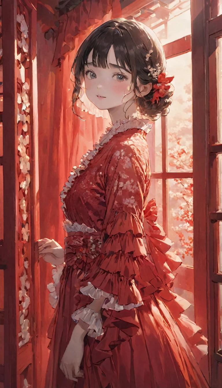 (Highest quality, masterpiece), One Japanese woman, Intricate details, Frills, See through, Show Viewer, Sunlight from the window, blush, bangs, Are standing, Upper Body,Red dress、The background is also red