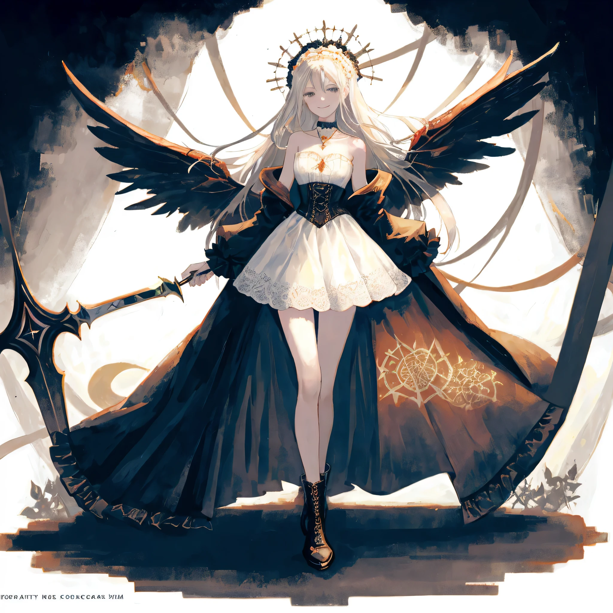 ((best quality)), ((masterpiece)), (detailed), 1girl, Character design, female, dynamic poses, long white grey hair, grey white eyes, very skinny, detailed, best quality, no accesoires around the neck, prominent collarbones, skinny arms, full body, blank white background, plain background, white background, ((red and white clothing)), Bloodborne inspired, occult aesthetic, occult, detailed and intricate steampunk and detailed gothic, Very dramatic and cinematic lighting, cosmic horror, grim-dark, side-lighting, perfect face, Fluttering lace flared long knee length dress with frilly petticoats, knee length dress, pleated petticoats, petticoats gothic, complex lace boots, side-lighting, gothic aesthetic, wielding a mighty sword with mechanical components, mandalas, small breasts, a fairy, various different types of insect wings,full body, whole body, white holy clothes,white holy clothes,((evil smile)),