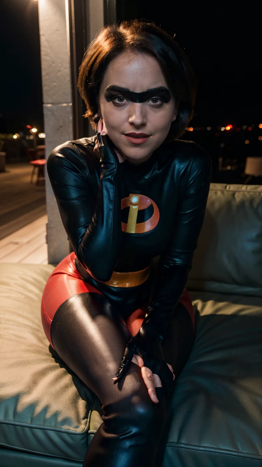 Masterpiece, (photorealistic1.4),Best quality, (solo), (1girl), (epiCRealLife), (photorealistic1.4), (UHD),( helenparr red bodysuit ), (d4k0t4), (young woman), (European model), (ElastigirlHelenParr latex bodysuit), (red bodysuit), (black elbow gloves), (ElastigirlHelenParr costume), (street cafe), (hands down), (black thighhigh), (helenXL black domino mask), (domino mask), (short hair), (ElastigirlHelenParr hairstyle), (outside patio), (1girl), (sitting on sofa),  (look at viewer), (make up), (red lipstick), (light smile), (close up), (spot light), (flashphoto), (flash photography), (night time), (at night), 