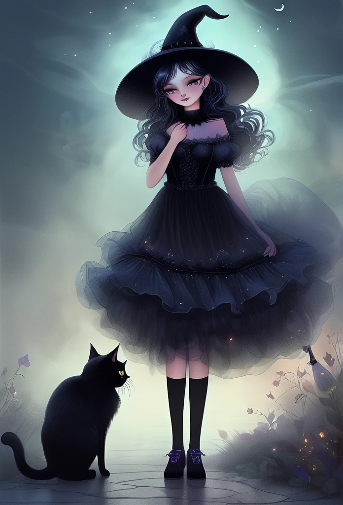 witch girl,full body,short tulled dress, translucent socks,shoes, hugging a beautiful furry black cat,mist background,(high quality),(refined details),(delicate details),(fantasy illustration)