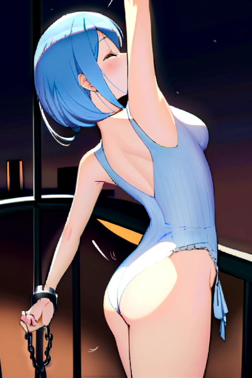 Thin anime girl with blue hair on her back dancing on a pole. The girl&#39;s hands are tied to the pole with police handcuffs. 