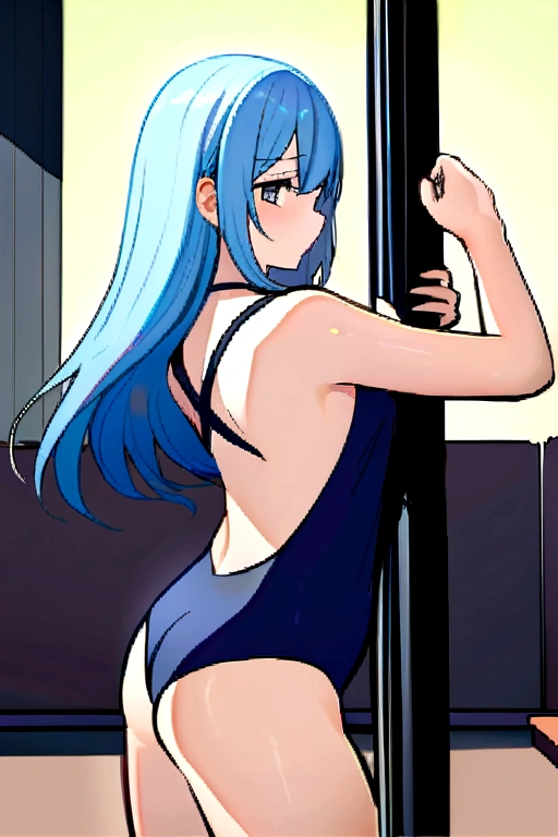 Thin anime girl with blue hair on her back dancing on a pole. The girl's hands are tied to the pole with police handcuffs.