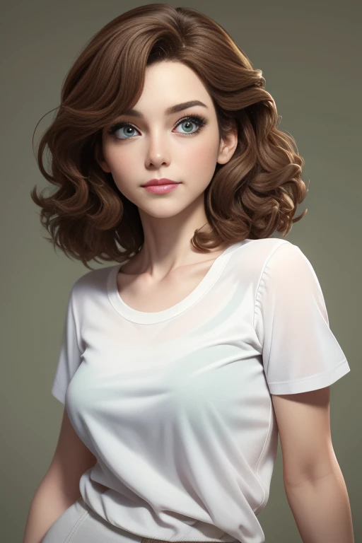 Master Parts, Highest quality, Mother、50 years old, Green Eyes, White skin, Brown Hair, Wavy Hair, short hair, T-shirt, Simple Background, alone, Upper Body、erotic、eroticな表情、