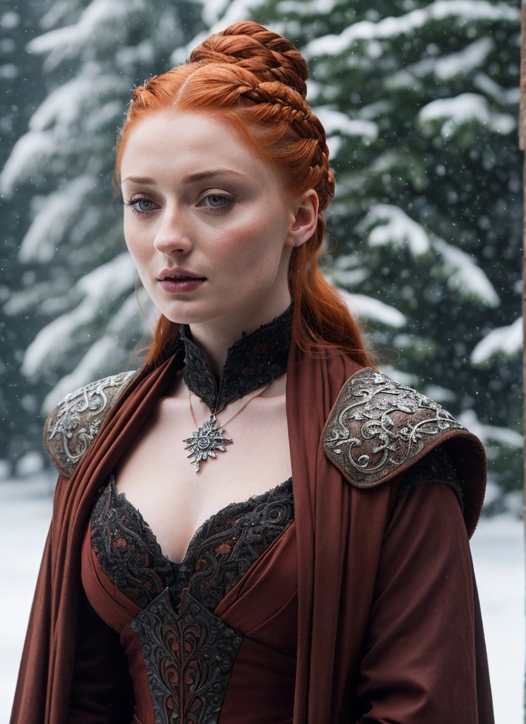 Face of Sophie Turner, Sansa Stark played by Sophie Turner, the de facto Lady of the Eyrie, is a 40-year-old mature queen with a stunning, alluring appearance. Full Face, pierced eyes, reddish lips, upper body shot, erotic Mediaeval costumes, game of thrones costumes, She wears a Game of Thrones-inspired costume and has a deep cleavage, a perfect thick body, and a perfect thick figure. The photograph captures her in a close-up, with her skin texture and facial features being ultra-realistic and realistic. Juicy thick figure, high quality skin, Skin pores, amazing details, snow, snow flakes, semi realistic, extremely detailed eyes, dark moody orange and black settings, cool environment, artificial intelligence