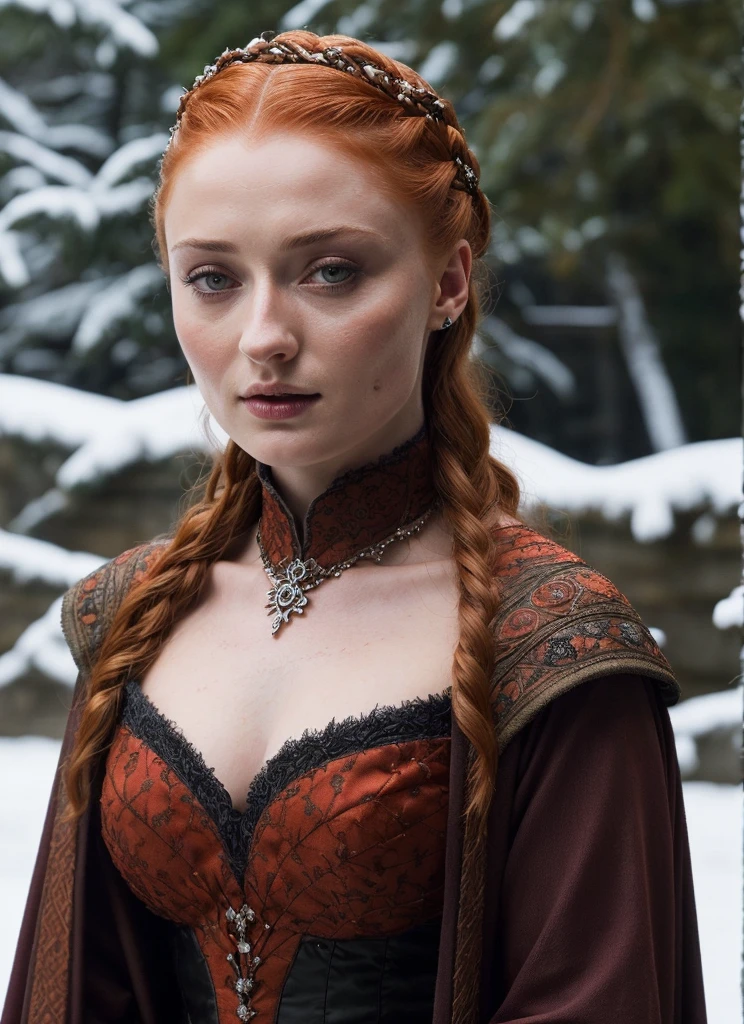 Face of Sophie Turner, Sansa Stark played by Sophie Turner, the de facto Lady of the Eyrie, is a 40-year-old mature queen with a stunning, alluring appearance. Full Face, pierced eyes, reddish lips, upper body shot, erotic Mediaeval costumes, game of thrones costumes, She wears a Game of Thrones-inspired costume and has a deep cleavage, a perfect thick body, and a perfect thick figure. The photograph captures her in a close-up, with her skin texture and facial features being ultra-realistic and realistic. Juicy thick figure, high quality skin, Skin pores, amazing details, snow, snow flakes, semi realistic, extremely detailed eyes, dark moody orange and black settings, cool environment, artificial intelligence