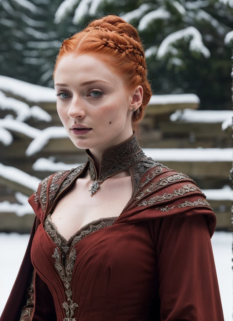 Face of Sophie Turner, Sansa Stark played by Sophie Turner, the de facto Lady of the Eyrie, is a 40-year-old queen with a stunning, alluring appearance. Full Face, pierced eyes, reddish lips, upper body shot, eroticeval costumes, game of thrones costumes, She wears a Game of Thrones-inspired costume and has a deep cleavage, a thick body, and a perfect thick figure. The photograph captures her in a close-up, with her skin texture and facial features being ultra-realistic and realistic. Juicy thick figure, high quality skin, Skin pores, amazing details, snow, snow flakes, semi realistic, extremely detailed eyes, dark moody orange and black settings, cool environment, artificial intelligence