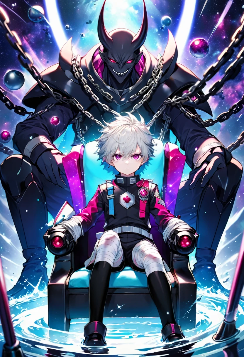  boy with pale icy skin [With messy hair Black with silver blue With bright pink and violet eyes] In the Black Clover anime Galactic Patroller uniform with bandages on the hands ,Sitting on the Dimensional Throne,With Bodyguards In a Dimensional Temple,With Galactic bodyguards, Water with chains from the underworld, mini demonic interdimensional spheres,Dimensional crack in space, Demonic aura