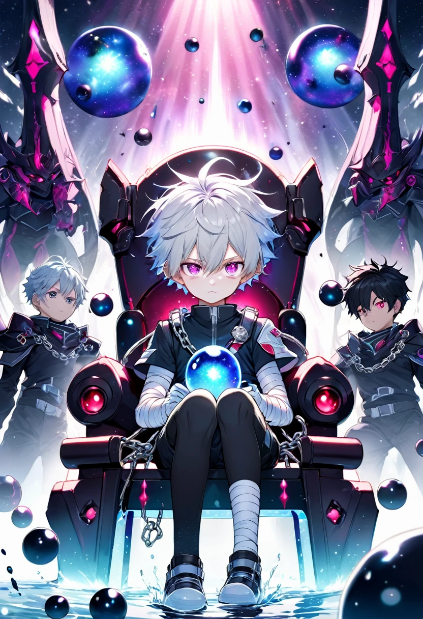  boy with pale icy skin [With messy hair Black with silver blue With bright pink and violet eyes] In the Black Clover anime Galactic Patroller uniform with bandages on the hands ,Sitting on the Dimensional Throne,With Bodyguards In a Dimensional Temple,With Galactic bodyguards, Water with chains from the underworld, mini demonic interdimensional spheres,Dimensional crack in space, Demonic aura