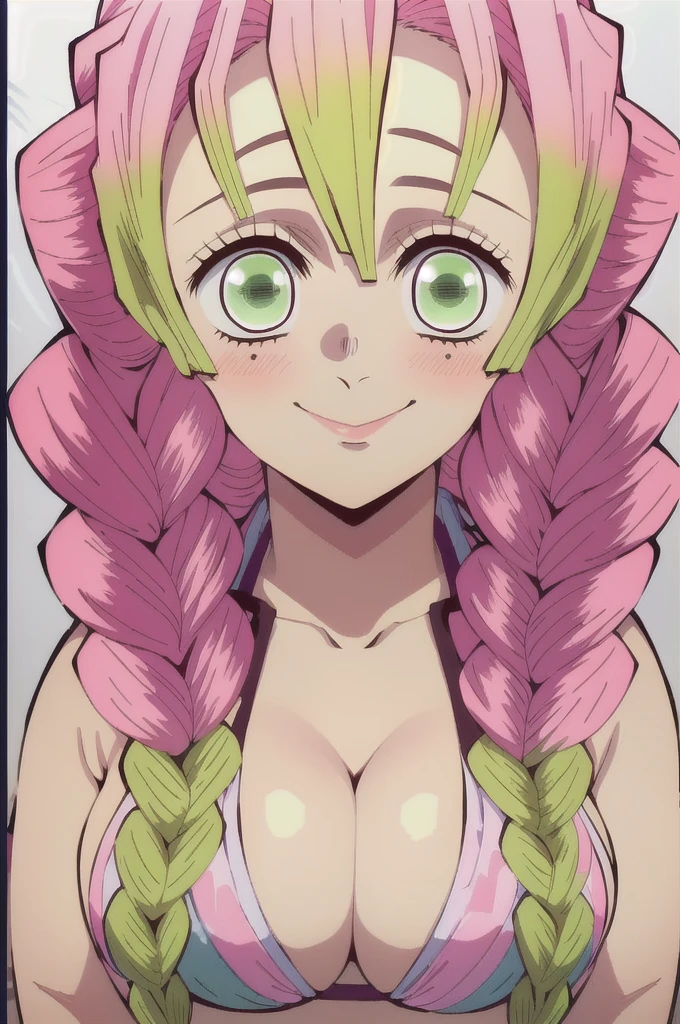 (masterpiece, best quality),  intricate details,
MitsuriKanroji,  kanroji mitsuri, 1girl, solo, long hair, winking, green eyes, pink hair, braid, green hair, twin braids, smile, cute smile, blushed smile, blush, blushing, large breast, huge breasts, bikini top, collarbone, neck, bare shoulders, pink bikini top, cleavage, top angle, shot from above, perfect shot, plain background, white background, photoshoot, complete head in frame, zoomed out, top of head, perfect shot, perfect framing, background 