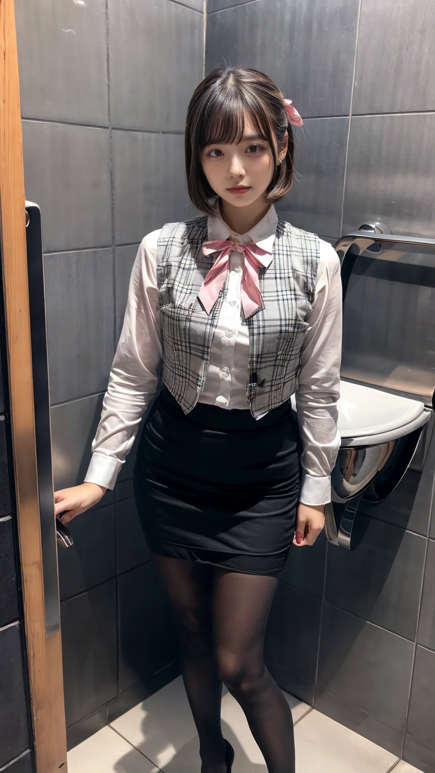 (8K, RAW Photos, Highest quality, masterpiece:1.2), (professional photography, full colors, studio-caliber color grading), (Gravure quality for high-end fashion magazines),  BREAK,18 year old girl, short bob hair, crying a little, Harajuku style, Big Natural Color Lip, (Plumpy body:1.2), (smooth skin:1.1), (huge breasts:1.2),  BREAK (white and gray theme:1.3), (wearing a [[white and gray plaid pattern]] vest over a long sleeve white collared-shirt:1.4), (buttoned gray vest:1.2),
BREAK (pink theme:1.2), (pink ribbon bow:1.3),
BREAK (black theme:1.4 (tight black pencil skirt:1.5 (pantyhose:1.3 (high heels:1.1 BREAK (Toilet cubicles:1.2 (urinal)