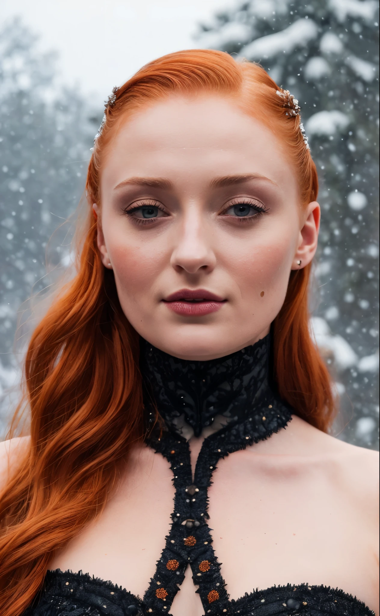 Face of Sophie Turner, Sansa Stark played by Sophie Turner, the de facto Lady of the Eyrie, is a 40-year-old mature queen with a stunning, alluring appearance. Full Face, pierced eyes, reddish lips, upper body shot, erotic Mediaeval costumes, game of thrones costumes, She wears a Game of Thrones-inspired costume and has a deep cleavage, a perfect thick body, and a perfect thick figure. The photograph captures her in a close-up, with her skin texture and facial features being ultra-realistic and realistic. Juicy thick figure, high quality skin, Skin pores, amazing details, snow, snow flakes, semi realistic, extremely detailed eyes, dark moody orange and black settings, cool environment, artificial intelligence, winter, winter scene, 