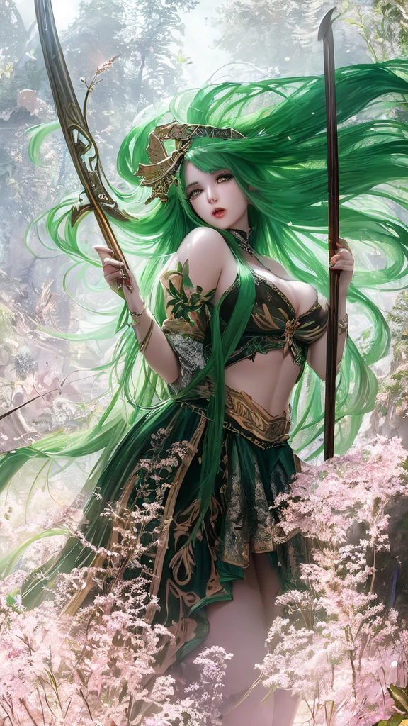 divine beautiful dlyad girl, long green hair, large breasts, fantasy, she is holding a wooden cane, excellent lighting, excellent anatomy, leaves, weeds
