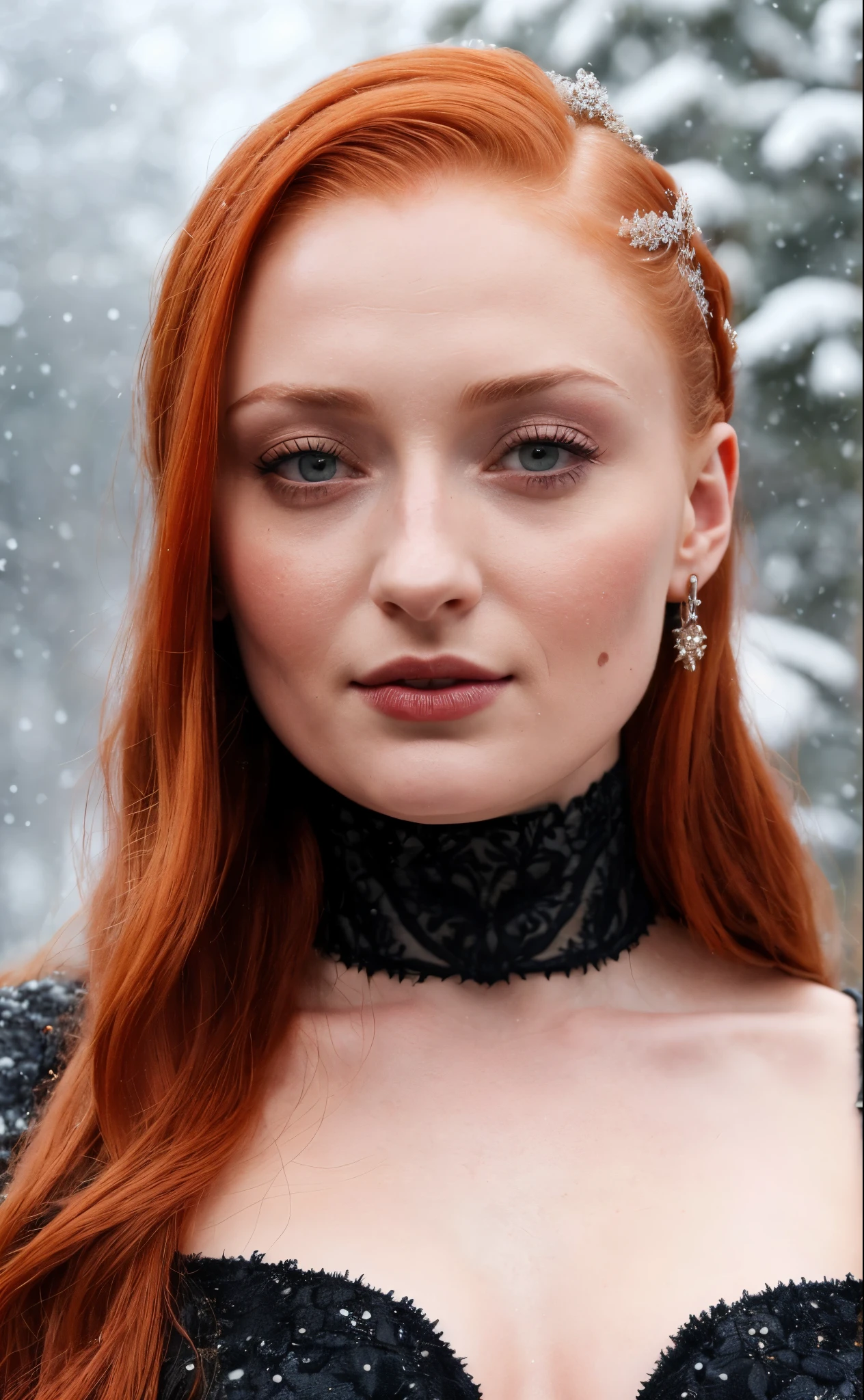 Face of Sophie Turner, Sansa Stark played by Sophie Turner, the de facto Lady of the Eyrie, is a 40-year-old mature queen with a stunning, alluring appearance. Full Face, pierced eyes, reddish lips, upper body shot, erotic Mediaeval costumes, game of thrones costumes, She wears a Game of Thrones-inspired costume and has a deep cleavage, a perfect thick body, and a perfect thick figure. The photograph captures her in a close-up, with her skin texture and facial features being ultra-realistic and realistic. Juicy thick figure, high quality skin, Skin pores, amazing details, snow, snow flakes, semi realistic, extremely detailed eyes, dark moody orange and black settings, cool environment, artificial intelligence, winter, winter scene, 