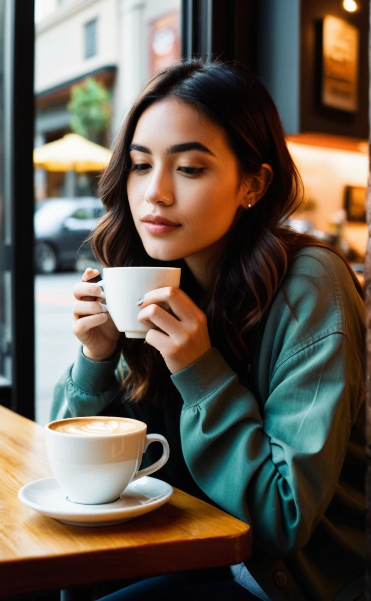 a 23 year old girl sits in a quiet coffee shop in San Fransisco,steaming cup of hot coffee on her table,serene,relaxed,casual, Hyperrealistic art cinematic film still photography in the style of detailed hyperrealism photoshoot