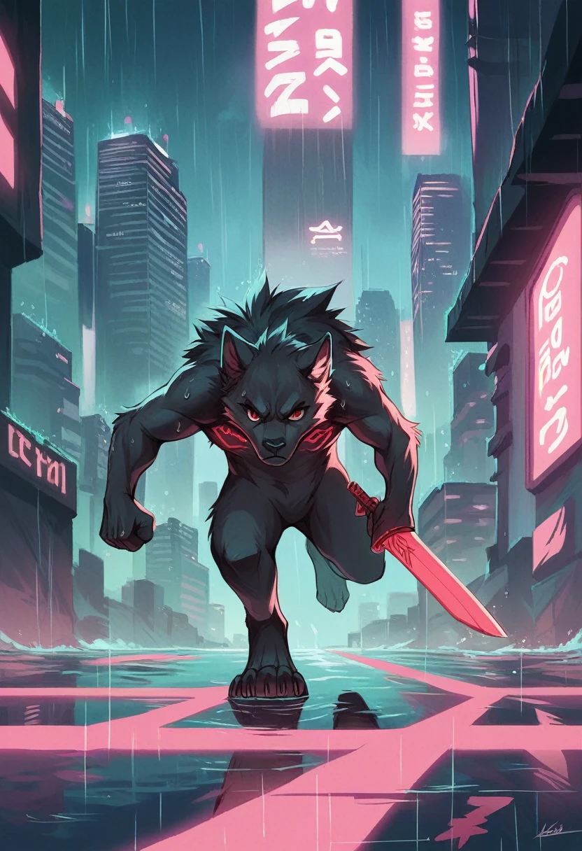 black fur, Red eyes, determined expression, Futuristic cityscape background, neon lights, rain, running pose, holding a sword, reflection in the water, steam rising from the ground. [cyberpunk, Science fiction, cheered up, dynamic]