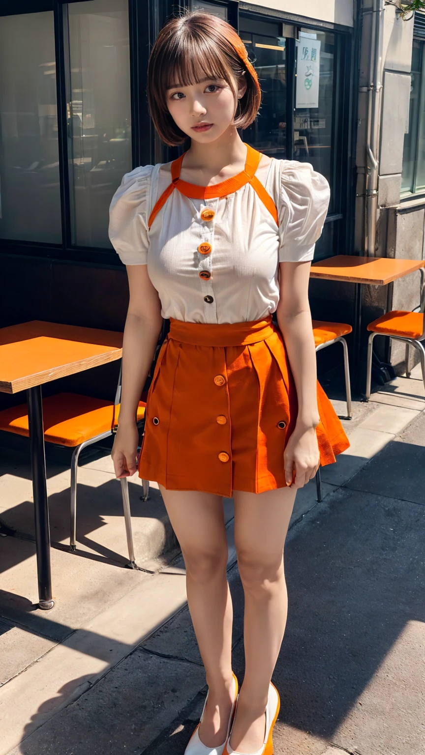 (8K, RAW Photos, Highest quality, masterpiece:1.2), (professional photography, full colors, studio-caliber color grading), (Gravure quality for high-end fashion magazines), BREAK,18 year old girl, short bob hair, crying a little, Harajuku style, Big Natural Color Lip, (Plumpy body:1.2 (smooth skin:1.1 (huge breasts:1.0 BREAK ((orange, tangerine) and white theme:1.4 (family restaurant waitress uniform:1 (wearing an (orange high waist jumper skirt, orange layered waist apron with orange shoulder straps) over a (white blouse with white buttons):1.4 (emphasize under boobs:1.5 (fusion of bouffant sleeve and short sleeve:1.3 (button up:1 (wearing a orange shoulder straps over a white blouse:1 ((bare arms, bare legs):1 (pumps:1.1