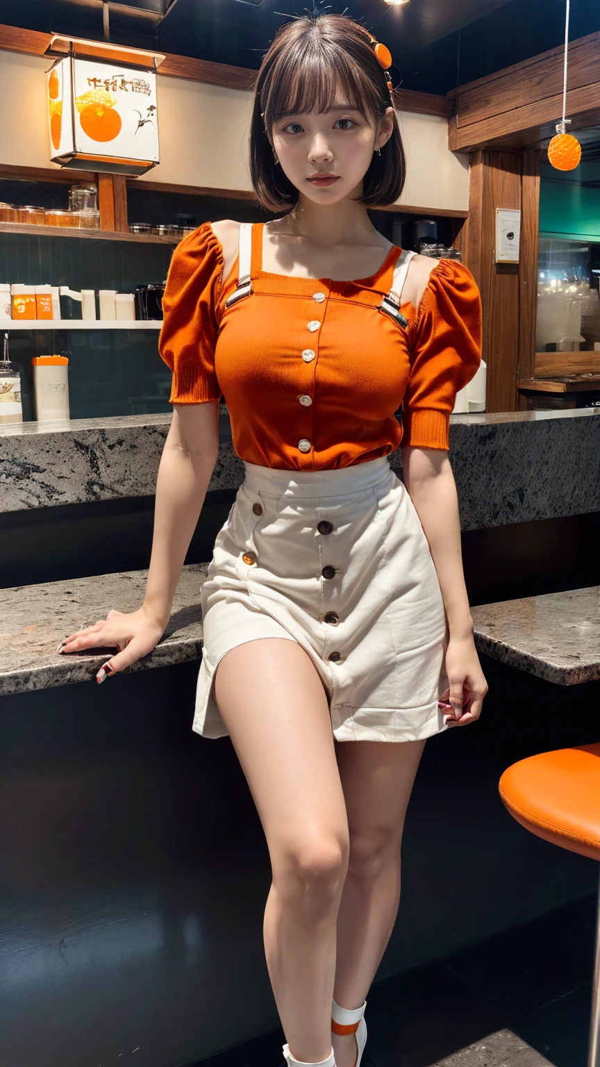 (8K, RAW Photos, Highest quality, masterpiece:1.2), (professional photography, full colors, studio-caliber color grading), (Gravure quality for high-end fashion magazines), BREAK,18 year old girl, short bob hair, crying a little, Harajuku style, Big Natural Color Lip, (Plumpy body:1.2 (smooth skin:1.1 (huge breasts:1.0 BREAK ((orange, tangerine) and white theme:1.4 (family restaurant waitress uniform:1.2 (wearing an (orange high waist jumper skirt, orange layered waist apron with orange shoulder straps) over a (white blouse with white buttons):1.4 (emphasize under boobs:1.5 (fusion of bouffant sleeve and short sleeve:1.3 (button up:1 (wearing a orange shoulder straps over a white blouse:1 ((bare arms, bare legs):1 (pumps:1.1