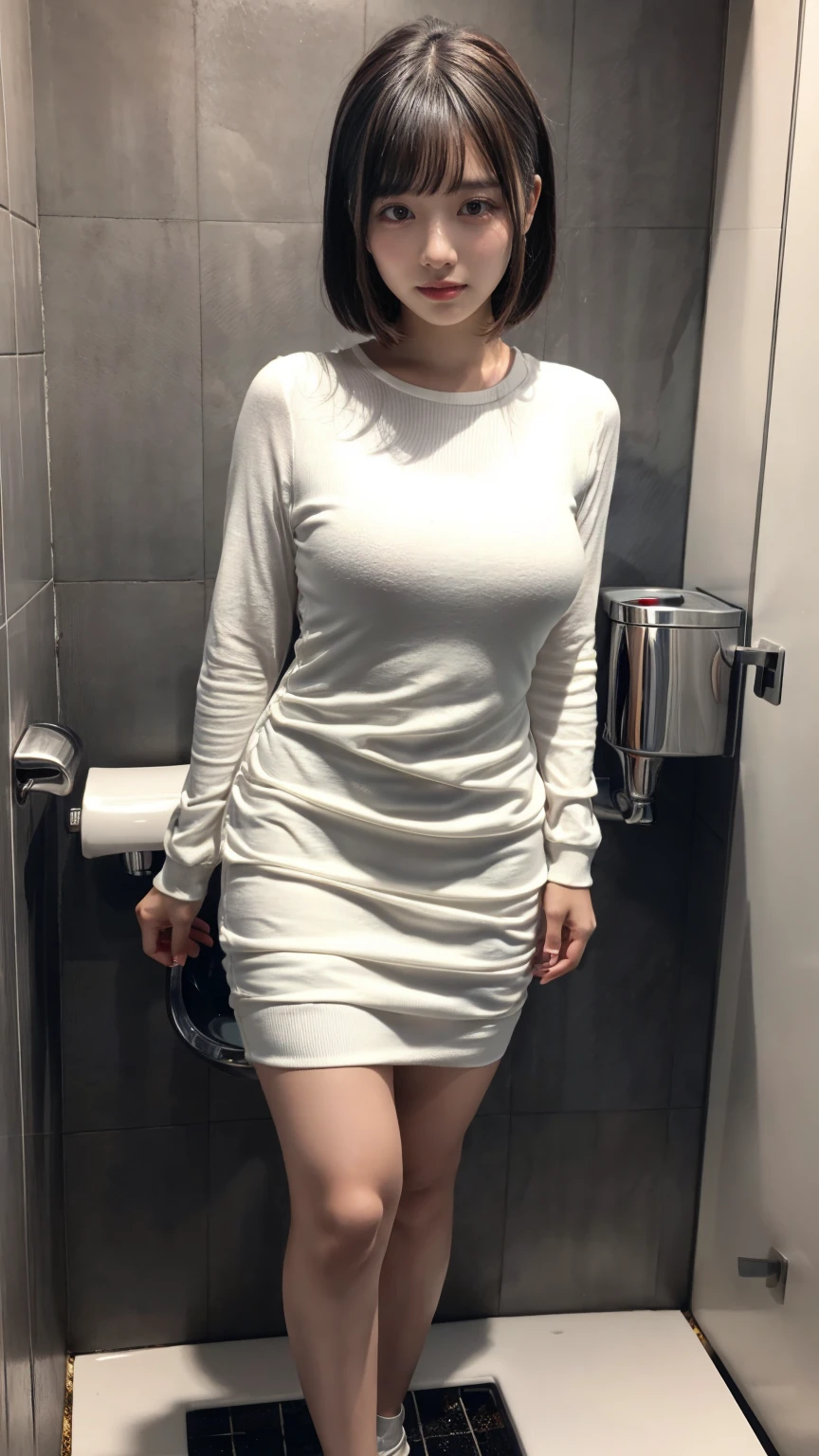 (8K, RAW Photos, Highest quality, masterpiece:1.2), (professional photography, full colors, studio-caliber color grading), (Gravure quality for high-end fashion magazines), BREAK,18 year old girl, short bob hair, crying a little, Harajuku style, Big Natural Color Lip, (Plumpy body:1.2 (smooth skin:1.1 huge breasts, BREAK white long sleeve dress, BREAK (Toilet cubicles:1 (urinal)