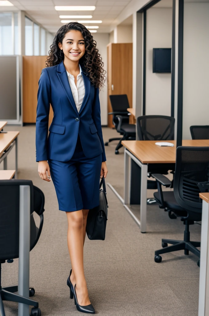 Arafed Full body teenage girl with wavy hair smiling wearing suit, coat and heels in an office