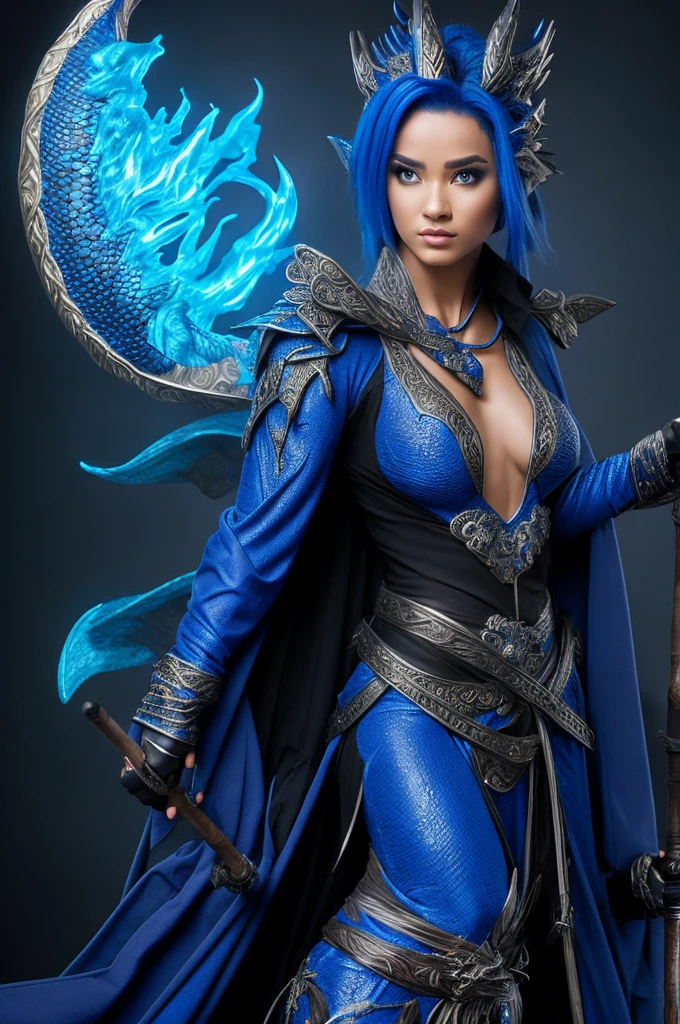 half man, half blue dragon, with a black robe and crystals on her body, holding a staff