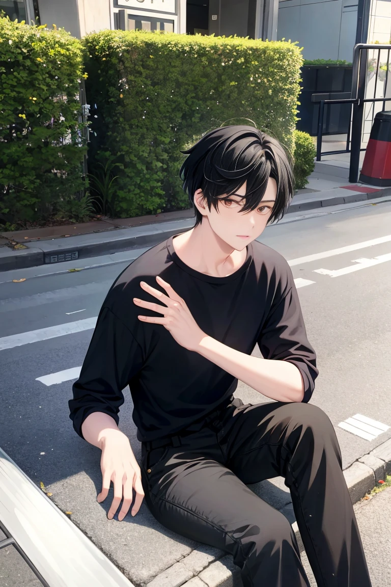 kpop boy, black hair, fade cut, put, sitting, outside street