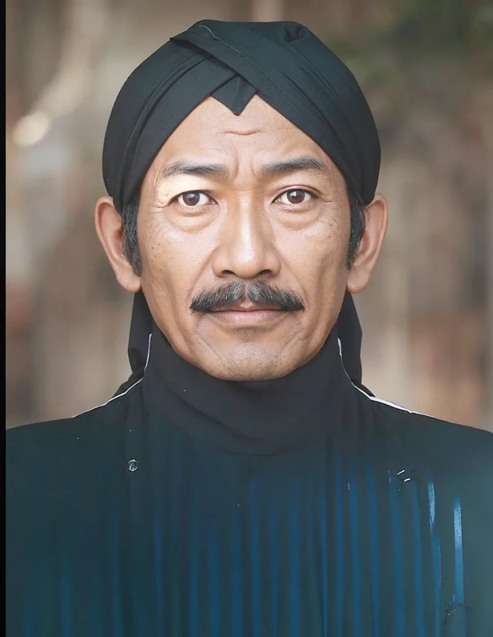 Indonesian Muslim man, aged 40 years or above, brown skin with wrinkles on the forehead, wearing Javanese ethnic clothing, thick mustache, slightly narrow eyes, realistic HD
