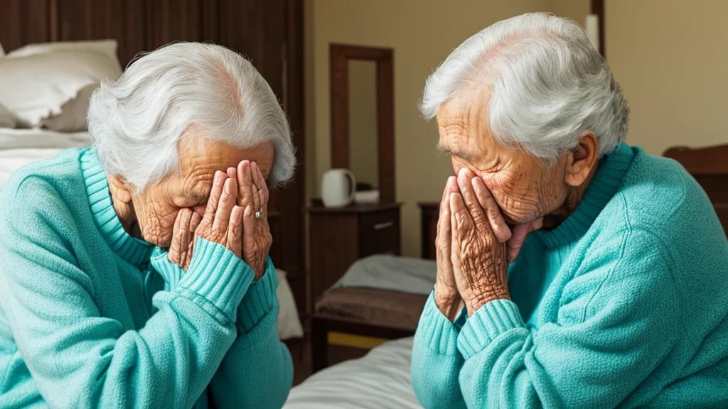 image of an elderly woman on her knees praying with her hands on her face in her bedroom