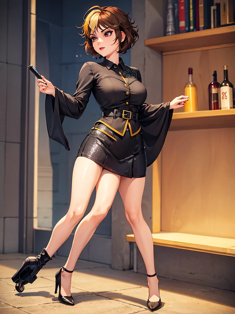 merula, yellow high heels, sexy red lips stick, tonified legs, tight mini skirt, brunette hair, full body, belly, thighs
