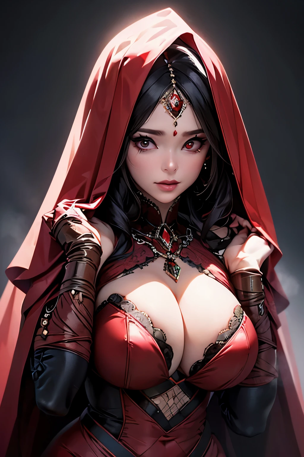 a chubby elegant woman in a red veil covering her eyes, fingers on her lips, long red nails, black background, photo-realistic, high quality, intricate details, oil painting, dramatic lighting, muted colors, mysterious atmosphere