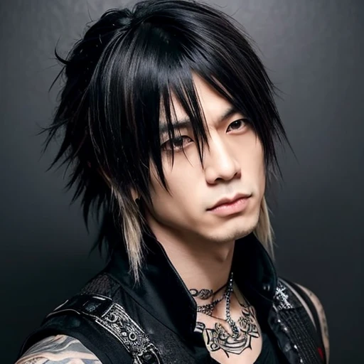 1 japanese male Gothic rocker, asien eyes, Visual Kai hairstyle, ultra detailed face and body, hyperrealistic, realistic representation, muscular, broad shoulders, tattoos gothic style, Visual Kei style, hairstyle Visual Kei, blond, 40 years old, age 40 outfit gothic streampunk, men's shirt and black pants, Asian eyes, eyes Asian, long hair