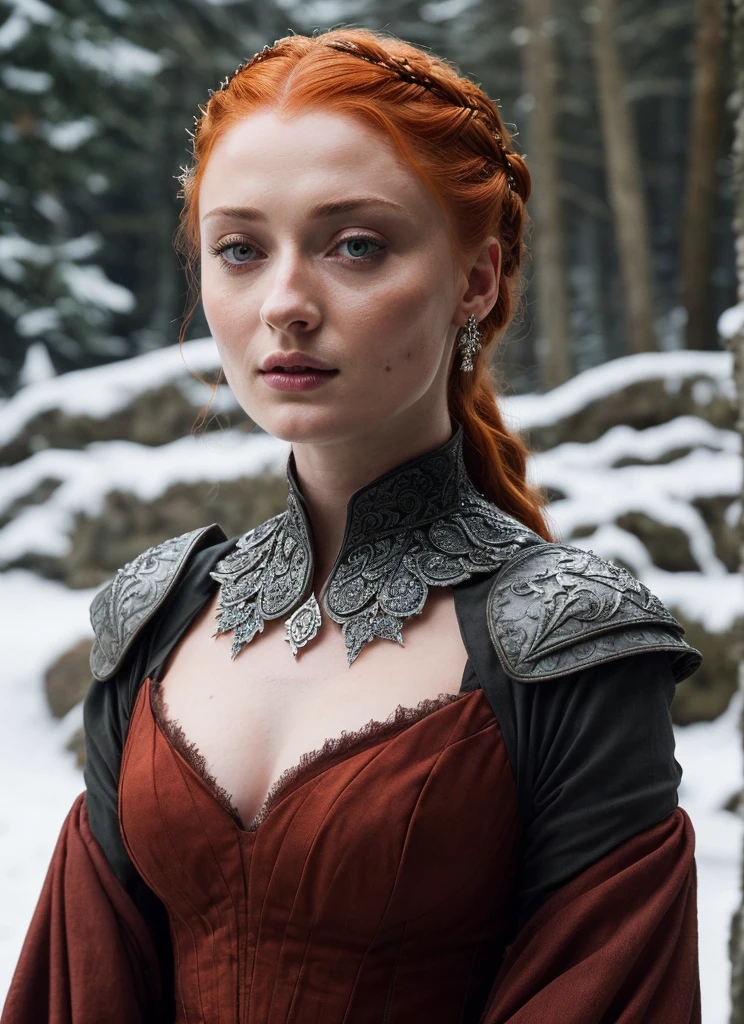 Face of Sophie Turner, Sansa Stark played by Sophie Turner, the de facto Lady of the Eyrie, is a 40-year-old mature queen with a stunning, alluring appearance. Full Face, pierced eyes, reddish lips, upper body shot, erotic Mediaeval costumes, game of thrones costumes, She wears a Game of Thrones-inspired costume and has a deep cleavage, a perfect thick body, and a perfect thick figure. The photograph captures her in a close-up, with her skin texture and facial features being ultra-realistic and realistic. Juicy thick figure, high quality skin, Skin pores, amazing details, snow, snow flakes, semi realistic, extremely detailed eyes, dark moody orange and black settings, cool environment, artificial intelligence